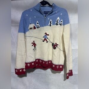 Charter Club 1/4 Zip Christmas Holiday Sweater 100% Lambs Wool Women L Mock Neck